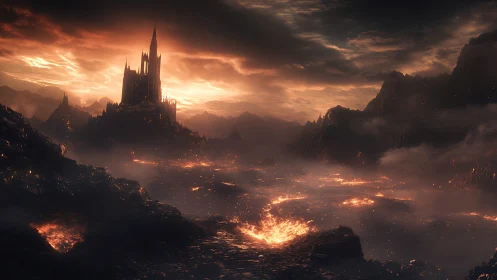 Gothic Fortress at Dusk: Digital Landscape Rendering.