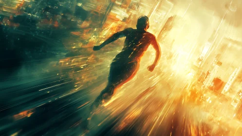 Silhouetted runner moving through luminous urban motion field.