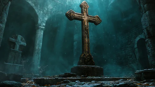 Monolithic stone cross dominates a mist-laden crypt interior