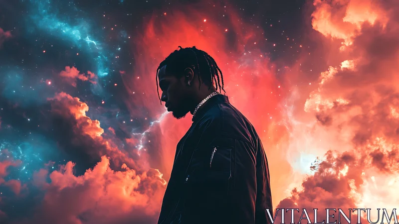 Nebula-lit silhouette captures a reflective moment in space