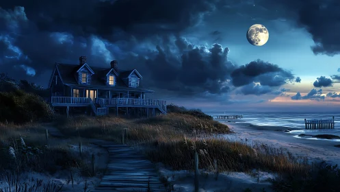 Moonlit coastal house glows over windswept midnight shore.