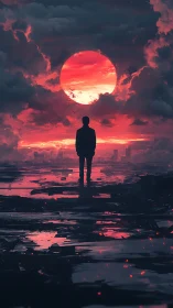 Digital painting silhouette under crimson apocalyptic sunscape.