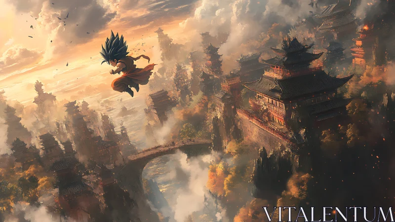 Skyward warrior over misty temples at sunrise.