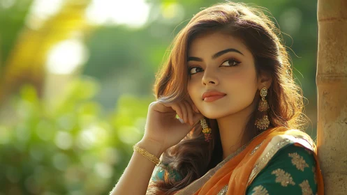Woman in traditional attire near blurred outdoor foliage.