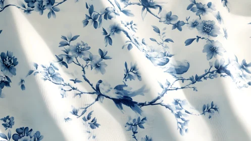 Soft blue chinoiserie birds drift across sunlit fabric