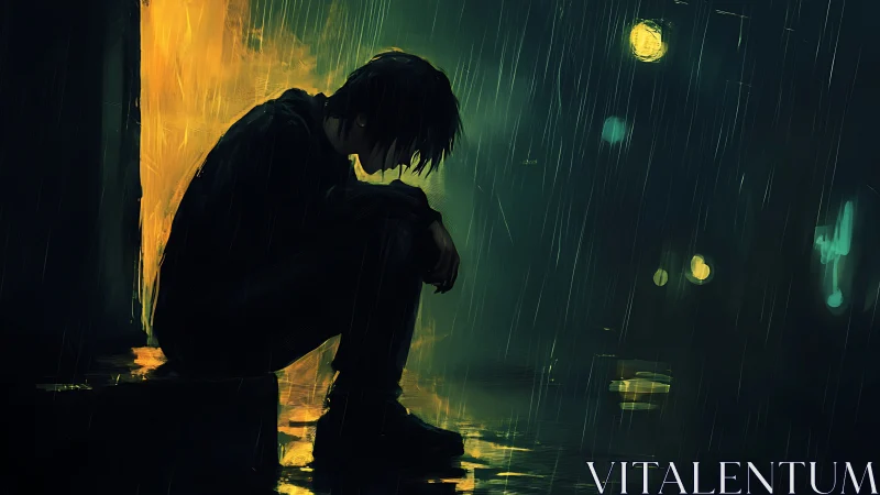 Digital painting of solitary figure in rain-soaked urban alley.