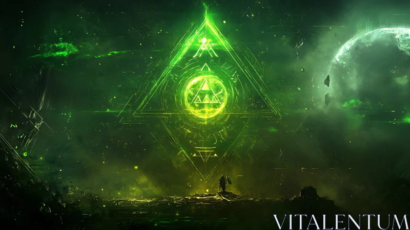 Quantum sigil gateway with triadic glyphs over alien horizon.