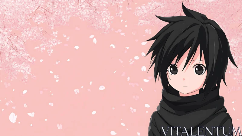 Anime boy in black scarf under pink cherry blossoms.