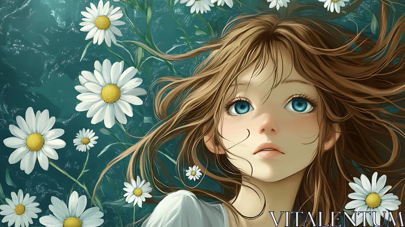 Starlit gaze adrift in teal waters and drifting daisies.