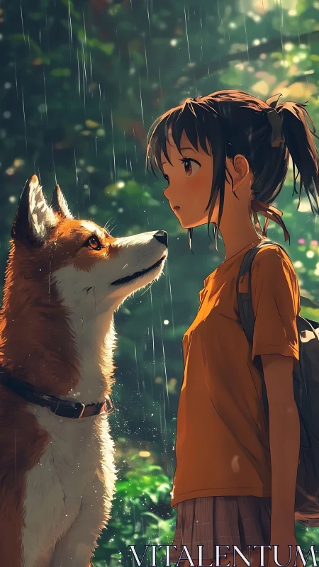 Girl and dog stand face to face in rainlit forest clearing