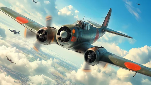 WWII Japanese bomber cuts through bright layered cloudscape