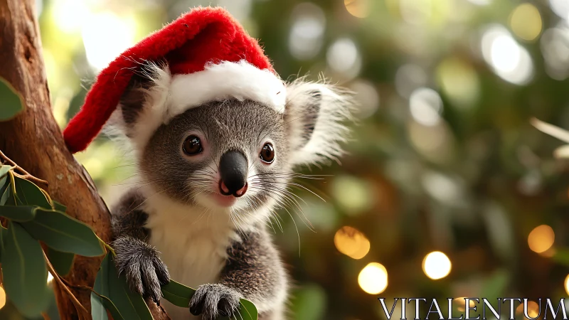 Tiny Santa koala peeks from eucalyptus boughs, lights aglow.