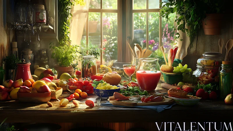 Sunlit kitchen worktable displays assorted fresh produce