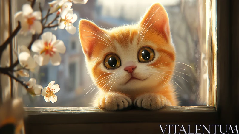 Ginger Kitten Observes Spring Blossoms from Sunlit Window Frame