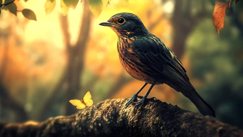 Songbird and Butterfly in Warm Autumn Forest, Digital Art Style.