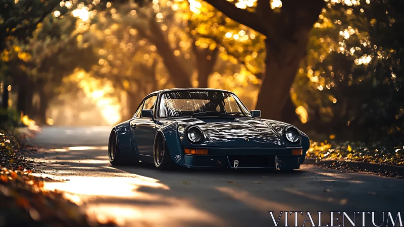 Low-slung classic sports car on quiet sunlit forest road.