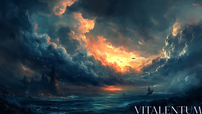 Storm-laden oceanic vista with volcanic coast under fiery sky