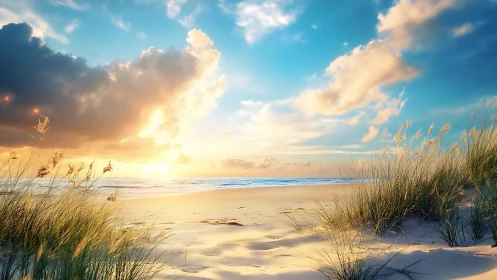 Sunlit dunes cradle a calm horizon of honeyed waves.