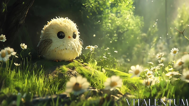 Round fluffy owl sits in sunlit forest clearing among daisies