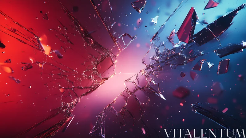 Shattered glass collides amid red and blue neon light.