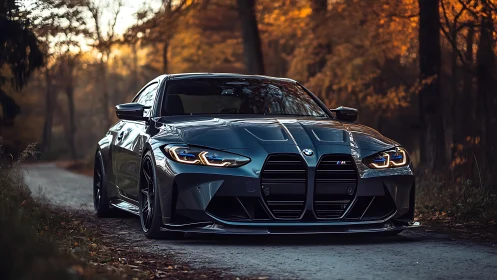 BMW sports sedan is positioned on a narrow forest roadway