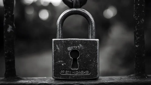 Weathered metal padlock on gate in monochrome focus.