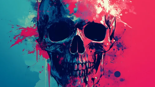 Human skull illustration with dual color splatter background.