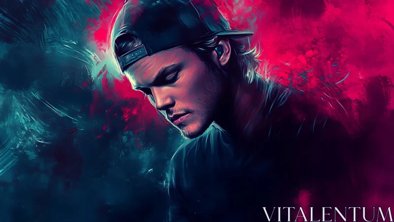 Neon-edge portrait of a pensive cap-wearing dreamer.