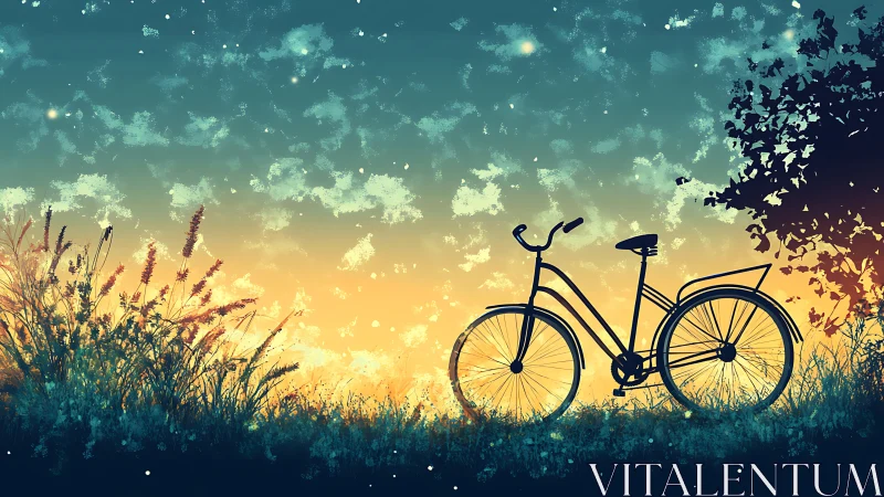 Silhouetted bicycle in ethereal meadow with dynamic sky composition and particle effects