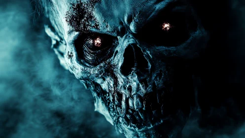 Burning-eyed skull emerging from eerie blue darkness.