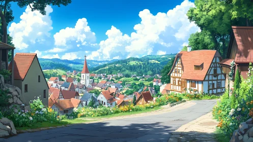 Sunlit hillside village panorama with tiled-roof topology.