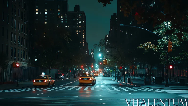 Neon-lit city avenue at night with glowing taxi streams.