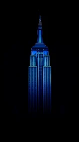 Neon-lit skyscraper rises from darkness with sleek intensity