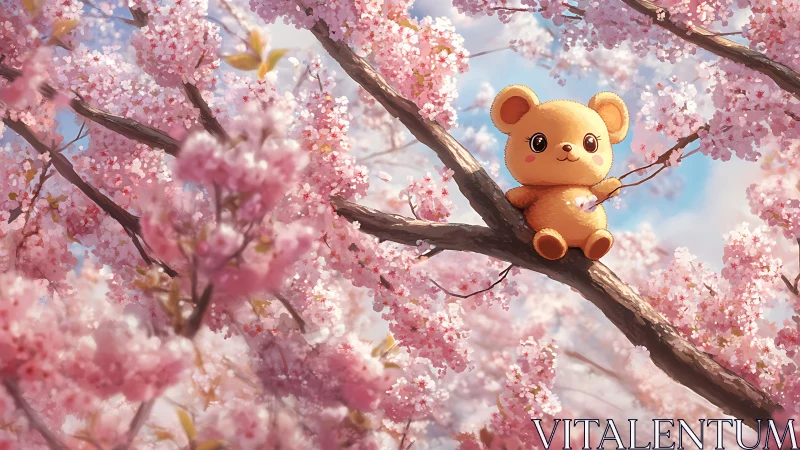 Plush bear sits on flowering cherry tree branch in bloom