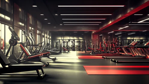 High-contrast modern gym interior uses linear LED lighting and mirrors