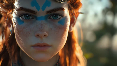 Focused red-haired warrior portrait with blue face paint.