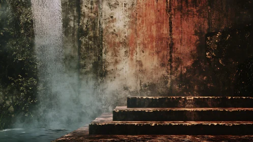 Decayed stone steps beside misted waterfall and rust wall.