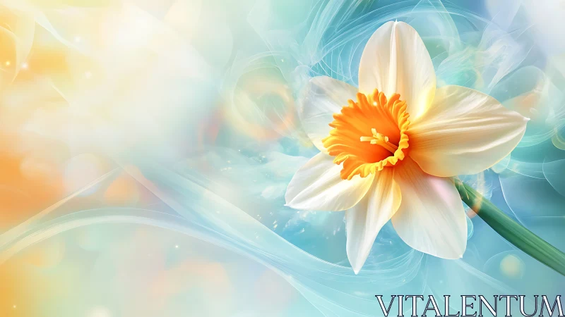 White Daffodil with Golden Center Against Soft Gradient.