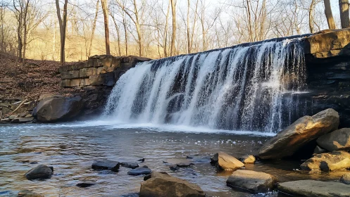 Serene waterfall over stone dam in a quiet forest, natural light.