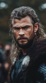 Brooding warrior gazes forward in rugged medieval armor.