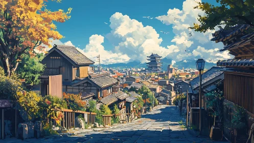 Sunlit Kyoto hillside street rendered in detailed digital painting