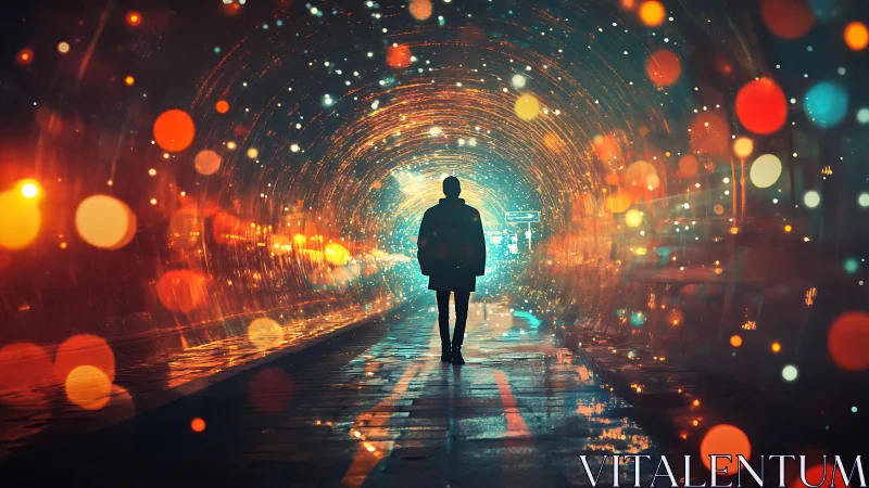 Lone nightwalker crossing a bokeh-torched tunnel of light.