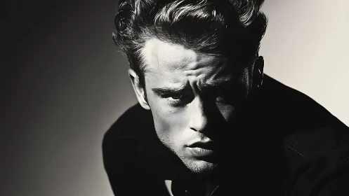 Moody chiaroscuro portrait of brooding rebel in shadow.