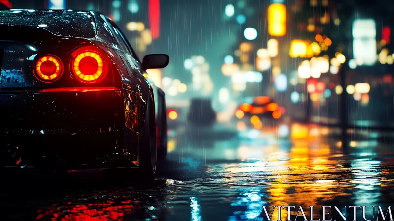 Cyberpunk street racer in neon-soaked nocturnal downpour.