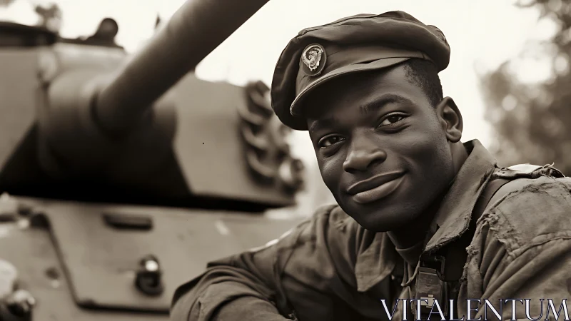 Smiling tank crew soldier in sepia military portrait.