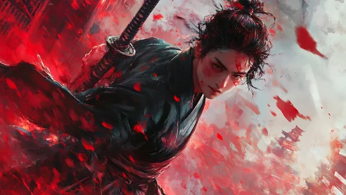 Bloodstained samurai lunges forward through crimson storm