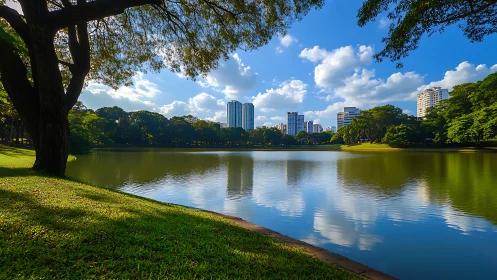 Urban skyline cradles a tranquil lakeside oasis of calm.