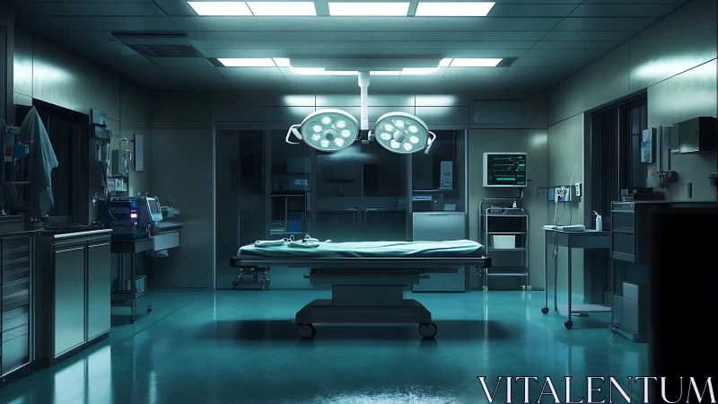 Sterile operating room stands ready under cold surgical light