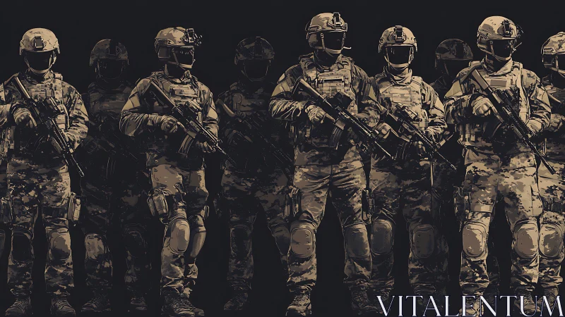 United squad of modern soldiers standing in quiet strength.