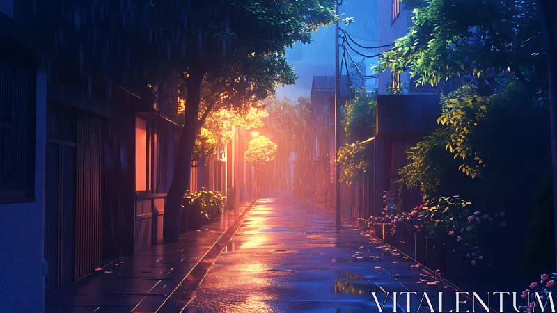 Rain soaked alley glows under warm sunset backlight
